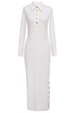 Witte elegante effen patchwork gesp hoge opening kraag lange jurk jurken