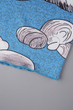Blauwe sexy print patchwork doorzichtige O-hals gewikkelde rokjurken