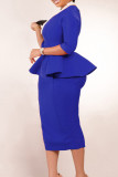 Vestidos de saia lápis elegantes em azul royal com retalhos sólidos e zíper com zíper e gola redonda