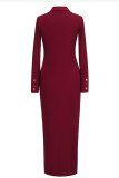 Пурпурно-красное элегантное однотонное длинное платье с отложным воротником и пряжкой в ​​стиле пэчворк