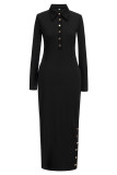 Schwarze, elegante, solide Patchwork-Schnalle, hohe Öffnung, Umlegekragen, langes Kleid