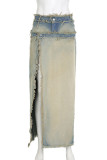 Blue Street Gradual Change Patchwork Pocket Buttons Zipper Mid Waist Straight Asymmetrical Ribbed Cargo Denim Skirt