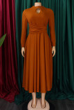 Brown Elegant Solid Hollowed Out Patchwork O Neck A Line Dresses