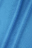 Blå Sexig Print Patchwork Genomskinlig O-hals inslagna kjolklänningar