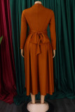 Brown Elegant Solid Hollowed Out Patchwork O Neck A Line Dresses