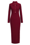 Purplish Red Elegant Solid Patchwork Buckle High Opening Turndown Collar Long Dress Dresses