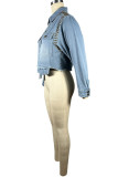 Blue Street Solid Patchwork Buckle Turndown Collar Jaqueta jeans regular de manga comprida