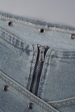 Gonne di jeans regolari a vita bassa con cerniera patchwork tinta unita azzurra