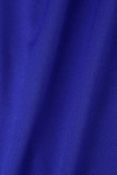 Koningsblauwe elegante effen patchwork ruches rits O-hals kokerrokjurken