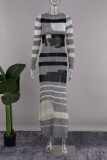 Grijze elegante kleurblok gescheurde patchwork lange jurk met o-hals