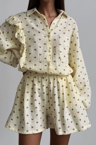 Apricot Sweet Print Patchwork Buckle Shirt Collar Long Sleeve Two Pieces