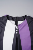 Violet élégant bloc de couleur Patchwork boutons contraste O cou une ligne robes