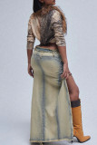 Blue Street Gradual Change Patchwork Pocket Buttons Zipper Mid Waist Straight Asymmetrical Ribbed Cargo Denim Skirt