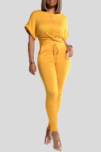 Yellow Casual Solid Patchwork Draw String Pocket O Neck Short Sleeve Two Pieces