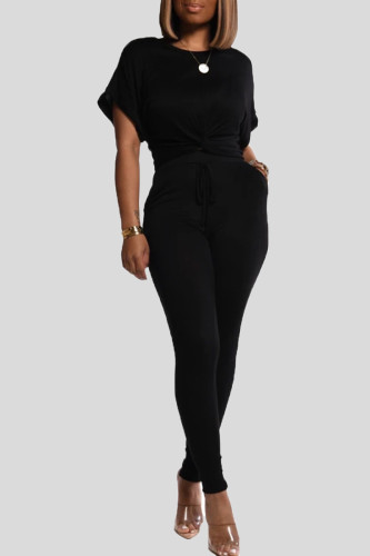Black Casual Solid Patchwork Draw String Pocket O Neck Short Sleeve Two Pieces