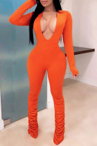 Tangerine Red Sexy Solid Patchwork V-Ausschnitt Skinny Jumpsuits