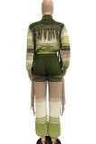 Ink Green Street Color Block Bandage Patchwork Pocket Women Zipper Collar Long Sleeve Two Pieces Tassel Knitted Sweater Cropped Jacket And Pants Sets