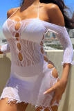 Lingerie in rete trasparente bianca sexy con patchwork strappato solido