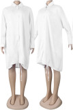 Blanc élégant solide Patchwork cordon de serrage boucle chemise col lanterne jupe robes