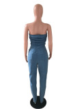 Baby Blue Casual Solid Buttons Backless Strapless Sleeveless Skinny Denim Jeans
