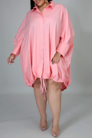 Vestidos rosados ​​elegantes de la falda de la linterna del cuello de la camisa de la hebilla del cordón del remiendo liso elegante