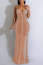 Абрикосовое сексуальное лоскутное горячее сверление с открытой спиной и бретельками длинное платье платья