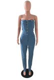 Dark Blue Casual Solid Buttons Backless Strapless Sleeveless Skinny Denim Jeans