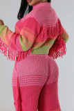 Pink Street Color Block Bandage Patchwork Pocket Women Zipper Collar Long Sleeve Two Pieces Tassel Knitted Sweater Cropped Jacket And Pants Sets