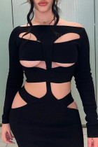 Zwarte sexy effen uitgeholde patchwork off-shoulder jurken