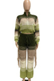 Ink Green Street Color Block Bandage Patchwork Pocket Women Zipper Collar Long Sleeve Two Pieces Tassel Knitted Sweater Cropped Jacket And Pants Sets