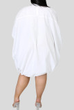 Branco elegante sólido retalhos draw string fivela camisa colar lanterna vestidos de saia