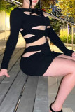 Zwarte sexy effen uitgeholde patchwork off-shoulder jurken