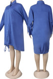 Azul elegante sólido patchwork draw string fivela camisa gola lanterna saia vestidos