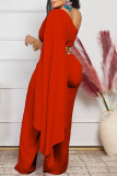 Célébrités rouges patchwork uni avec ceinture une épaule combinaisons régulières