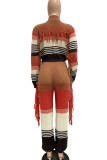 Brown Red Street Color Block Bandage Patchwork Pocket Women Zipper Collar Long Sleeve Two Pieces Tassel Knitted Sweater Cropped Jacket And Pants Sets