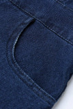 Donkerblauwe casual effen knopen, rugloze strapless mouwloze skinny denim jeans
