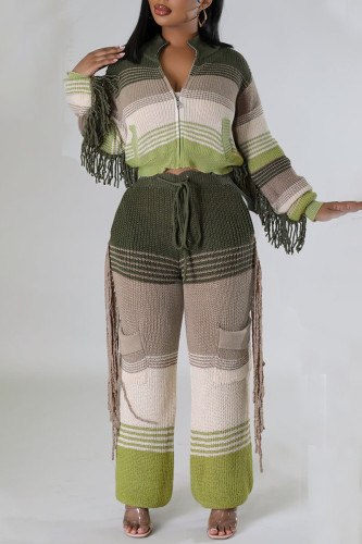 Ink Green Street Color Block Bandage Patchwork Pocket Women Zipper Collar Long Sleeve Two Pieces Tassel Knitted Sweater Cropped Jacket And Pants Sets