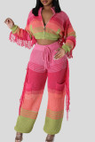 Pink Street Color Block Bandage Patchwork Pocket Women Zipper Collar Long Sleeve Two Pieces Tassel Knitted Sweater Cropped Jacket And Pants Sets