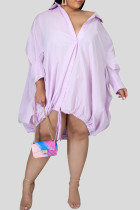 Robes jupe lanterne, violet clair, élégantes, couleur unie, cordon de serrage, boucle, col chemise, lanterne