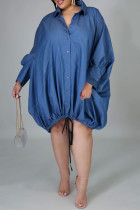 ブルーのエレガントなソリッドパッチワークドローストリングバックルシャツカラーランタンスカートドレス