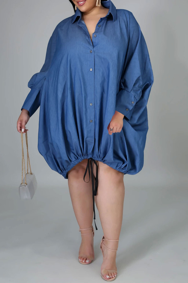 Azul elegante sólido patchwork draw string fivela camisa gola lanterna saia vestidos
