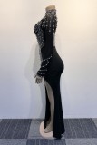 Черные вечерние элегантные формальные платья в стиле пэчворк с разрезами в сетку с воротником-стойкой и длинными рукавами