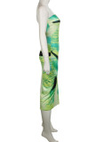 Зеленые сексуальные платья с принтом в стиле пэчворк и разрезом без бретелек с принтом Платья