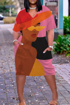 Rosa, lässig bedruckte Patchwork-Kleider mit V-Ausschnitt