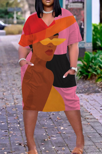 Pink Casual Print Patchwork V Neck Printed Dress Dresses