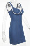 Blue Street Solid Patchwork Hot Drill Zipper Asymmetrical Collar Sleeveless Regular Denim Dresses