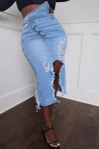 Голубые уличные однотонные рваные лоскутные карманные пряжки с высоким вырезом и высокой талией Обычные джинсовые юбки