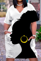 Zwart-wit casual print patchwork jurk met V-hals en print