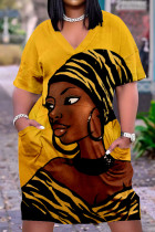 Gelbe, lässig bedruckte Patchwork-Kleider mit V-Ausschnitt