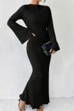 Черные элегантные однотонные лоскутные платья-русалка с круглым вырезом и раструбом